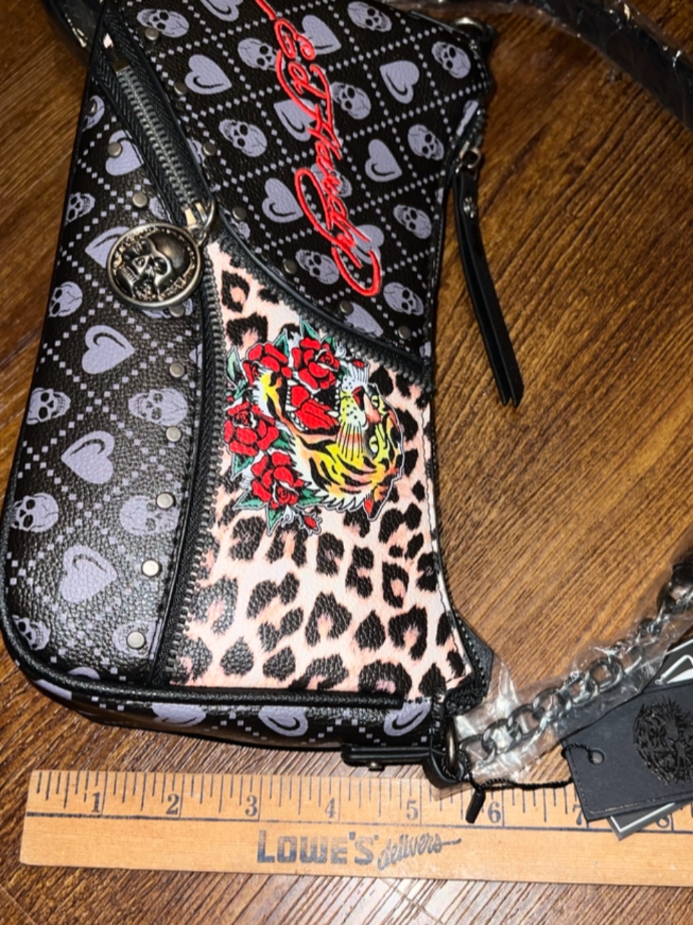 Ed Hardy Black Leopard Print Y2K Skull Shoulder Bag Crossbody Strap NWT - Picture 9 of 10